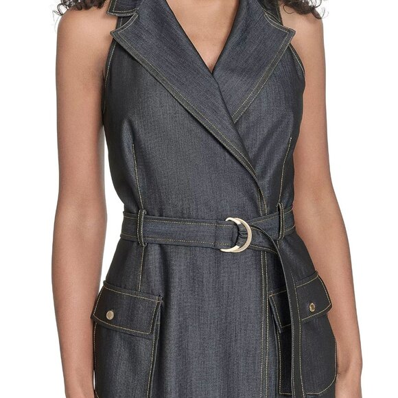 Calvin Klein Women's Belted Denim Faux-Wrap Dress - Sz 14 - Picture 4 of 6